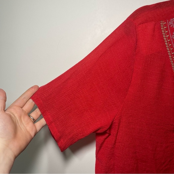 Claire France Women's Red boho peasant embroidered short sleeve gauzy top in 1X - Picture 3 of 8